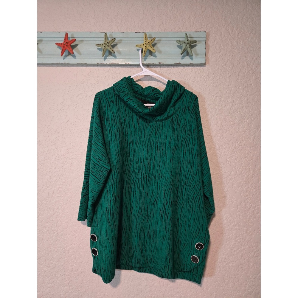 Ali Miles Green Black Textured Cowl Neck Tunic Top Large Button Detail